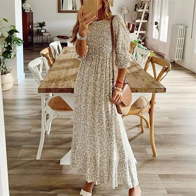 Kayannuo Short Sleeve Summer Dresses For Women 2023 Christmas Clearance Womens Dresses Fashion Women Chiffon Summer Casual Print V-Neck 3/4 Sleeve Long Dress White
