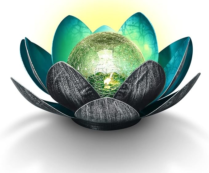 WNP Solar Lotus Flower Light Outdoor Decorations,Solar Outdoor Lights Decorative,Waterproof Glass Solar Powered Ball Decor Light for Outside with Metal Petal for Tabletop,Walkway Yard