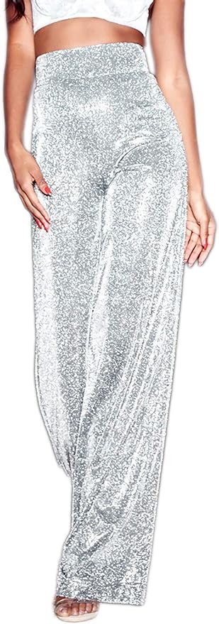 Velius Women's Sexy Metallic Sparkly Wide Leg Pants Trousers Clubwear
