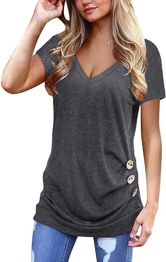 Jescakoo Womens Tops Short Sleeve V Neck Summer Shirts Casual Tunic