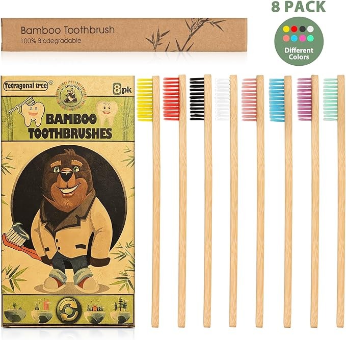 Tetragonal tree ??? Biodegradable Bamboo Toothbrushes 8 Pack - Natural Toothbrush Value Pack - Extra Soft Toothbrush for Adults, Good for Sensitive Teeth and Gums