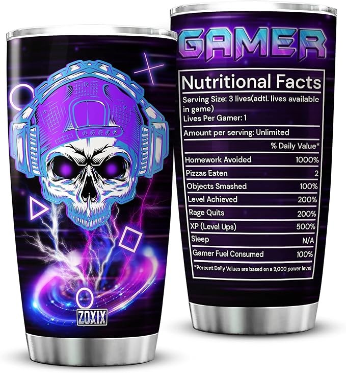 ZOXIX Gamer Coffee Tumbler Nutritional Facts Stainless Steel Mug With Lid 20oz Insulated Cup Vacuum Novelty Game Lovers Gifts Skull Mugs For Gamers Gaming Tumblers For Boys Visit the ZOXIX Store