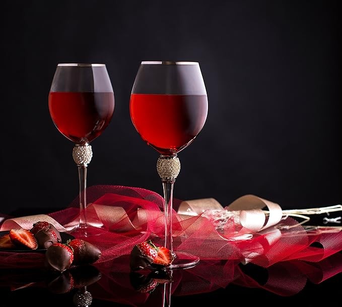 Trinkware Set of 2 Wine Glasses - Rhinestone DIAMOND Studded With Silver Rim - Long Stem, 16oz, 10-inches Tall – Elegant Glassware And Stemware