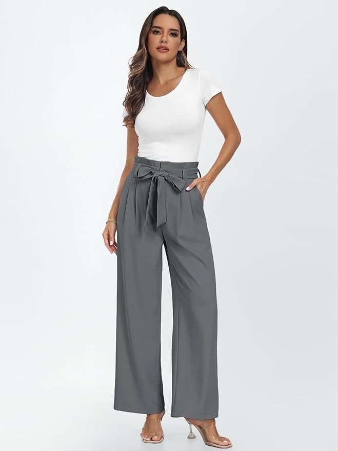 LILLUSORY Wide Leg Dress Pants Women's Paperbag High Waisted Business Casual Trousers with Removable Belt