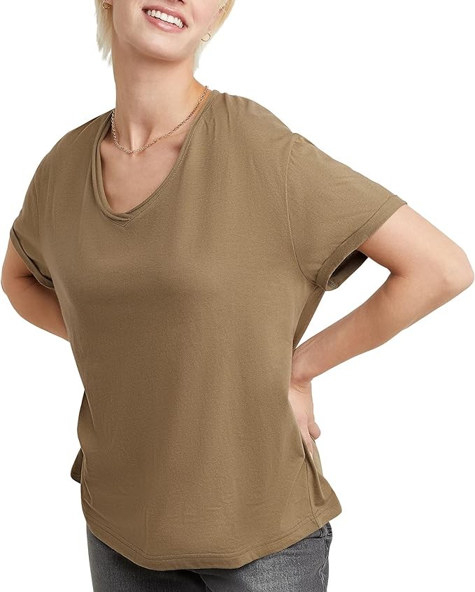 Hanes Women's Originals V-Neck Short Sleeve T-Shirt with Raw Edge, 100% Cotton Tee