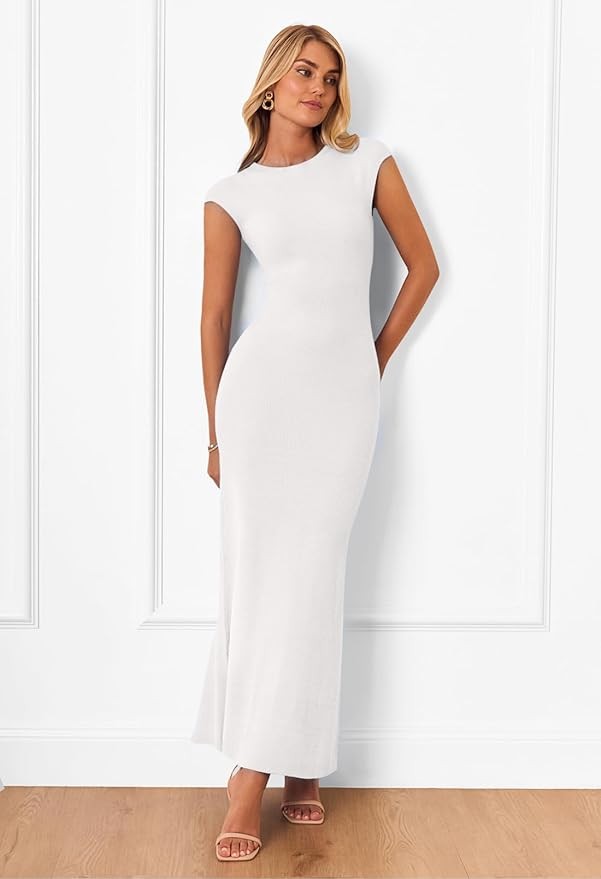 MEROKEETY Women's Cap Sleeve Rib Knit Maxi Dress Crew Neck Slim Fit Bodycon Summer Sweater Dresses