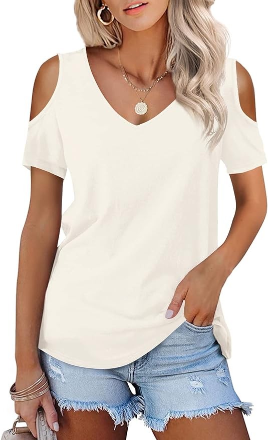 Amoretu Womens Short/Long Sleeve Cold Shoulder Basic Tee Tops Shirts