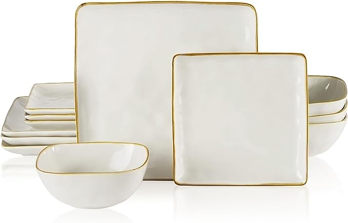 Famiware Dinnerware Sets for 4, Ocean Square 12-Piece Kitchen Plates and Bowls Sets, Microwave and Dishwasher Safe, Scratch Resistant, Vanilla White