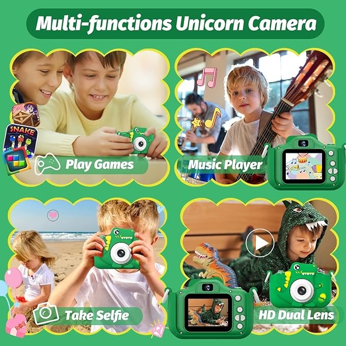 Upgrade Dinosaur Kids Camera, Christmas Birthday Gifts for Girls Boys 3-12, 1080P HD Selfie Digital Video Camera for Toddlers, Cute Portable Little Girls Boys Gifts Toys for 3 4 5 6 7 8 9 Years Old