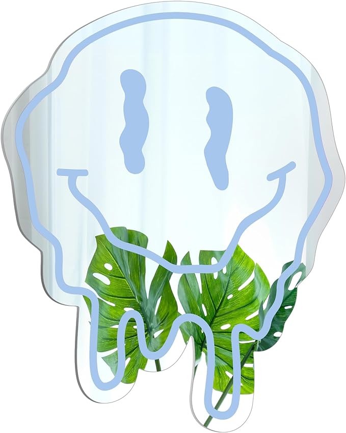 RattanView Preppy Room Decor for Teen Girls Twisted Smile Face Preppy Acrylic Mirror Wall Art Aesthetic Bedroom Decor Teen Girl Room Decor Funky Mirror Preppy Wall Decor 14 Inch (Blue)