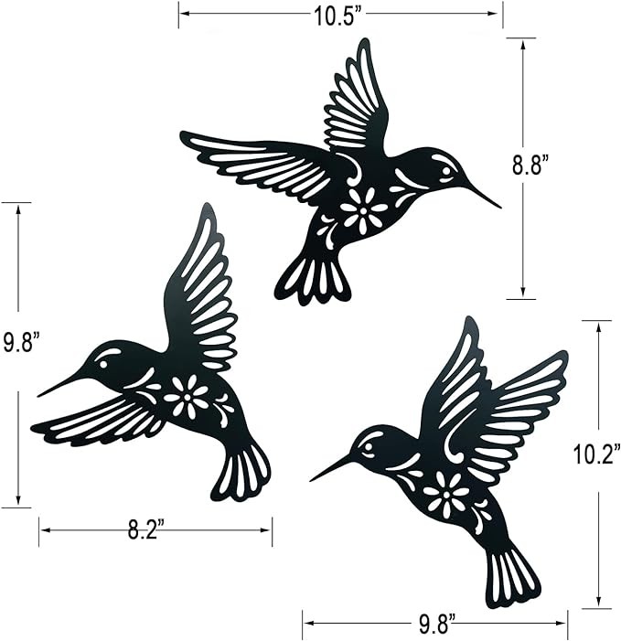 VividLadybug Metal hummingbird wall art decor, 9inch set of 3 black Concise Decoration Hanging for living room bedroom bathroom Kitchen Patio Balcony House indoor outdoor, unique gift choice