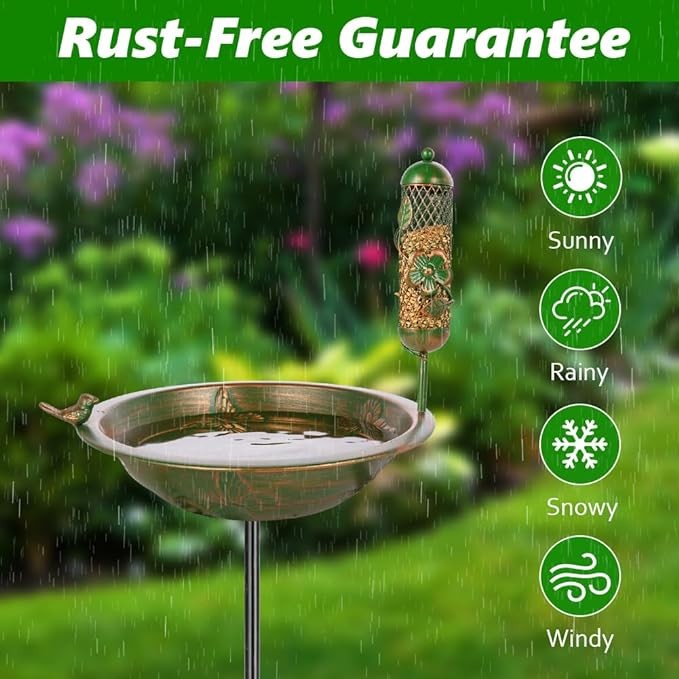 VEWOGARDEN 47 Inch Standing Metal Bird Bath Stake with Birdfeeder, Outdoor Garden Birdbath for Outside Patio, Yard, Lawn Decor