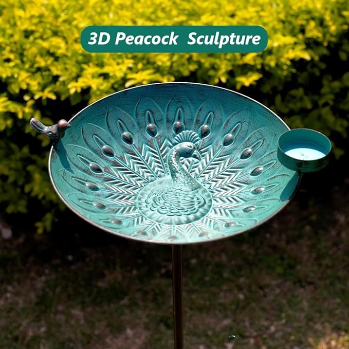 Stargarden Bird Bath, Metal Bird Baths, 12.7“Dia Peacock Pattern Outdoor Bird Bath with Stake, Decorative Hummingbird Birdbaths for Outdoors, Garden Decor