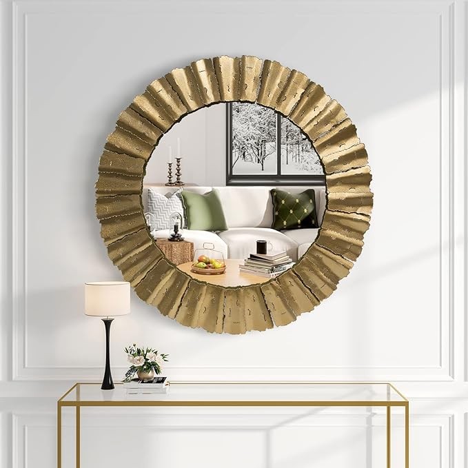 Gold Mirror, Handcrafted Round Wall Mirrors Decorative Modern Wall-Mounted Mirrors for Living Room, Entryway, Foyer, Hallway, Bedroom, 32IN Large Wall Mirror
