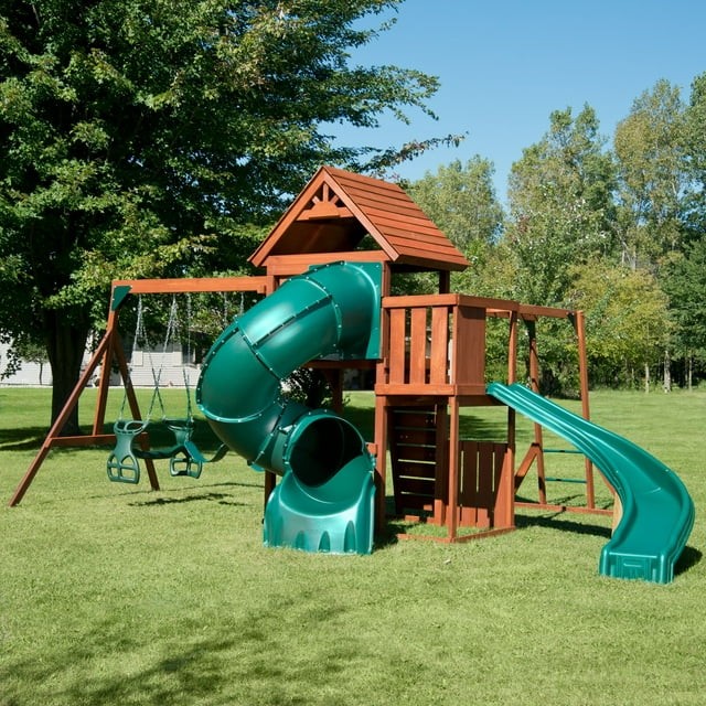 Swing-N-Slide Grandview Twist Wood Backyard Swing Set with Tube Slide, Curved Slide, Wood Roof, Monkey Bars and Swings