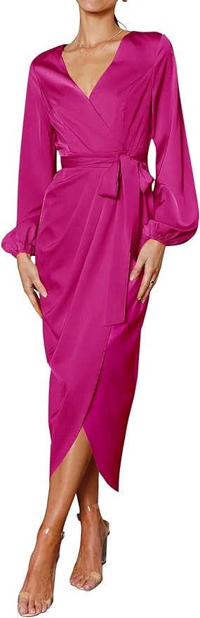 Pretty Garden Womens Puff Sleeve Wrap V Neck Ruched Belted Long Formal Satin Cocktail Dress
