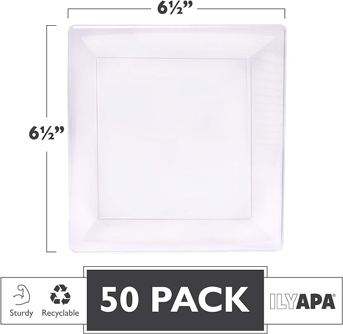 Ilyapa 50 Pack 6 Inch Disposable Dessert Plates, Plastic Clear Party Plates Sets for 50 Guests, Clear Appetizer plates 6 Inch, Clear Cake Plates 6", Party & Dinner Accessories, Square