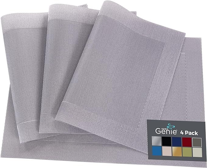 Home Genie Heat Resistant Placemats, Dining Room Table Mats, Protect Surfaces, Woven Placemat Setting for Dinner, Washable Vinyl Food Grade Mat, Kitchen Decor Accessories, Set of 4, Size 18x12, Silver