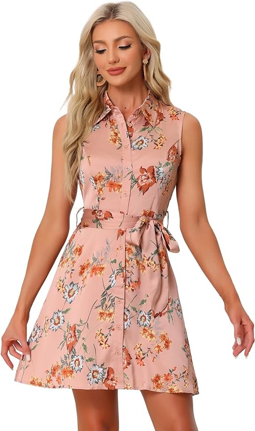Allegra K Women's Sleeveless Turndown Collar Above Knee Button Down Floral Print Dress