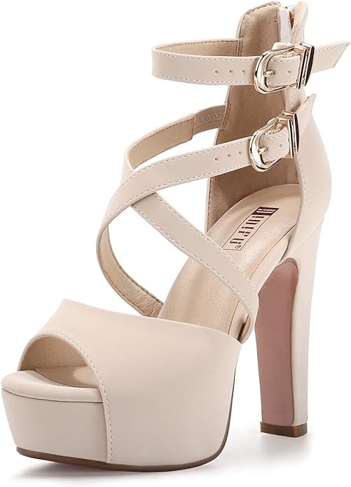 IDIFU Women's IN5 Charcy Crisscross Strappy Platform High Chunky Heels Peep Toe Pump Party Heeled Sandals