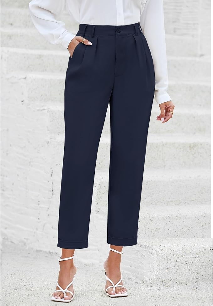 GRAPENT Capri Dress Pants for Women High Waisted Pleated Lightweight Straight Leg Elastic Wasit Crop Trousers Work Pants