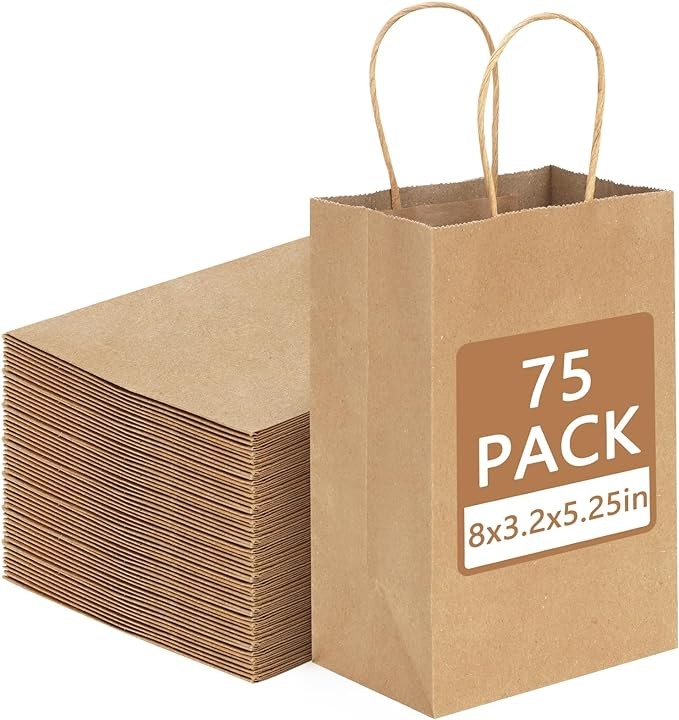 Moretoes 75pcs Small Gift Bags 5.25x3.75x8 Inches Brown Kraft Paper Bags with Handles Bulk, Retail Bags for Small Business, Shopping Bags, Birthday Wedding Party Favor Bags, Merchandise Bags