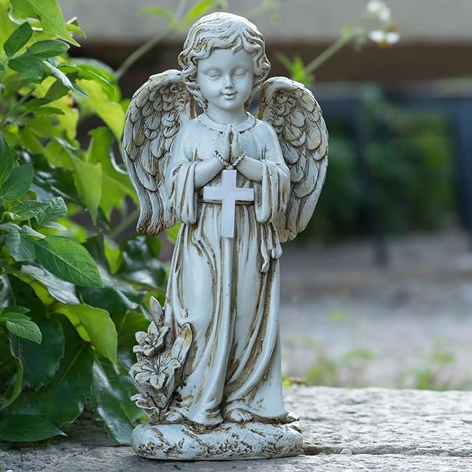Rezpuao Angel Statue for Garden,Solar Angel for Cemetery Decorations,Garden Memorial Angel,Resin Praying Angel Figurine for Patio Lawn Yard Porch Decorations,12.12inch