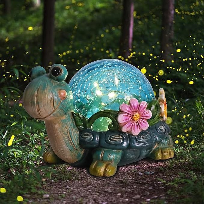 Afirst Solar Garden Statues Outdoor Figurines - Turtle Lawn Ornament with Solar Lights Cracked Glass Outdoor Decor for Patio Yard Decorations