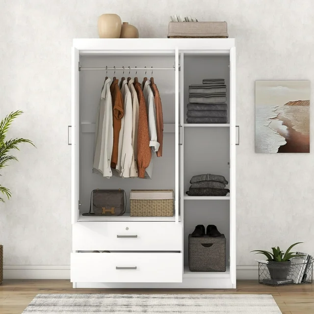 UBesGoo 3-Door Wardrobe, Wide Armoire with 2-Drawers, Clothing Rod and 3-Shelves in White
