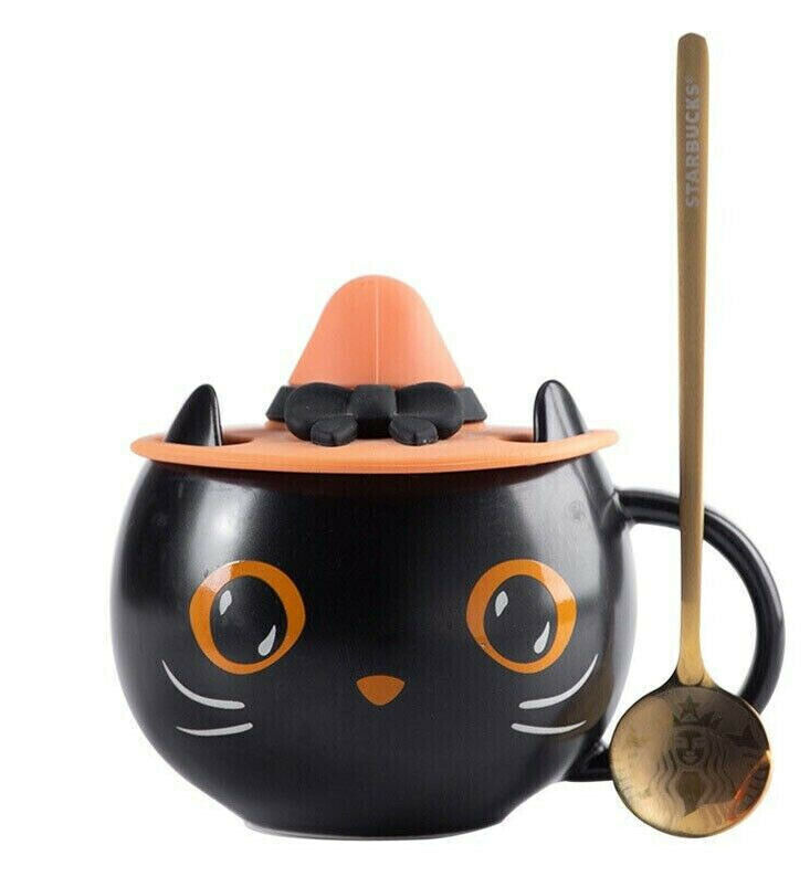 Starbucks Black Cat Cup W/ Witch Cap Lid&Spoon Water Mugs Halloween